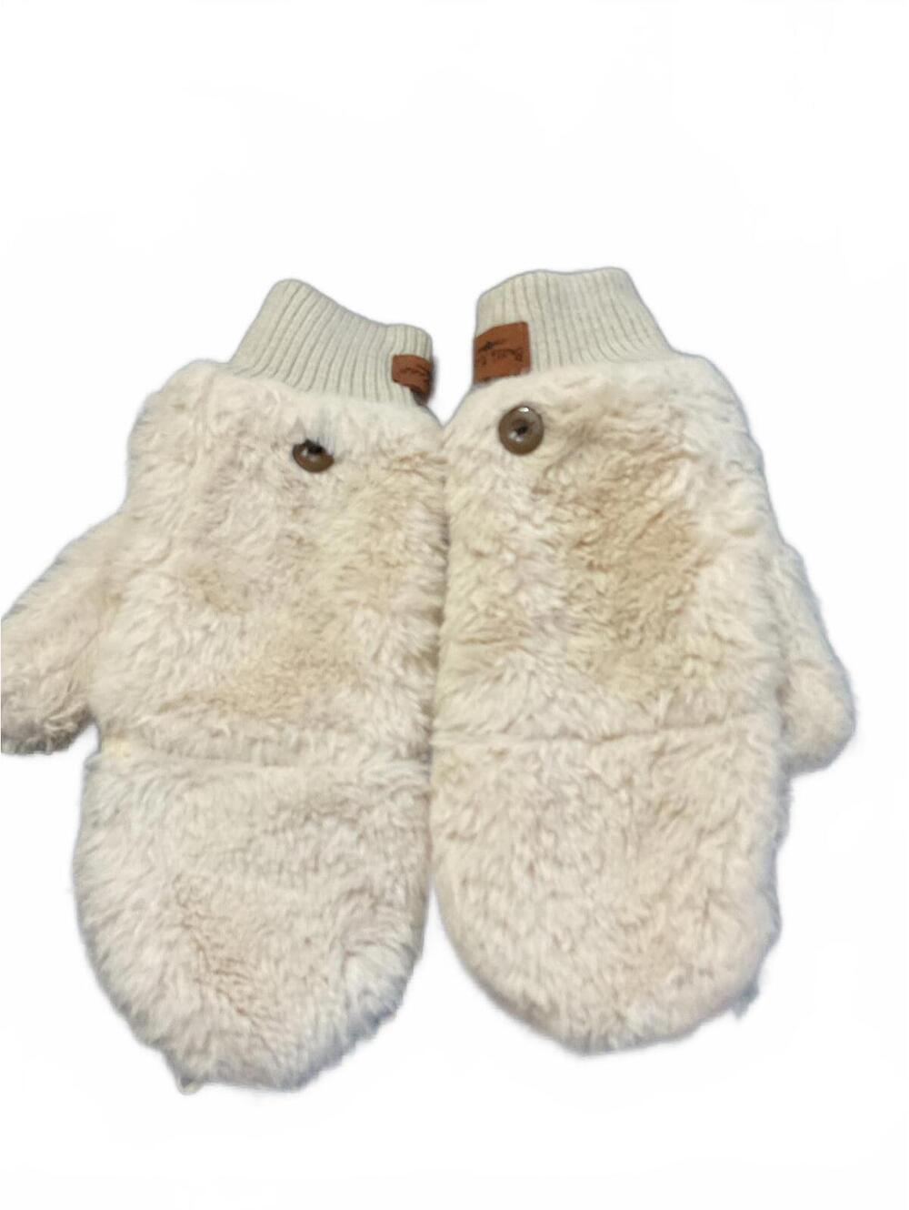 Britt's Knits Cozy Beige Fuzzy Mittens with Button Detail